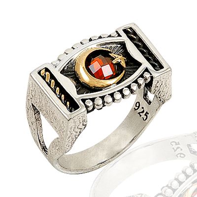 Beelo Silver 925K Gümüş Kırmızı Taşlı Ay Yıldızlı Erkek Yüzük BGEY187