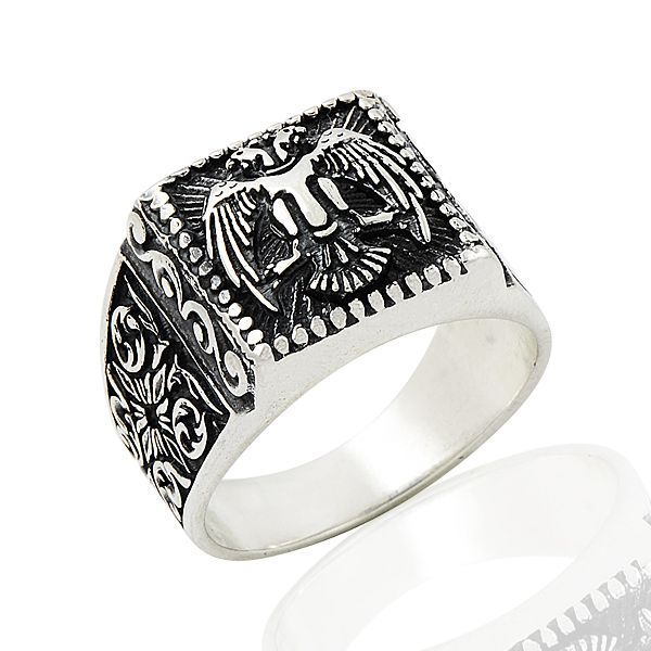 Beelo Silver 925K Gümüş Çift Başlı Kuş Motifli  Erkek Yüzük   BGEY237