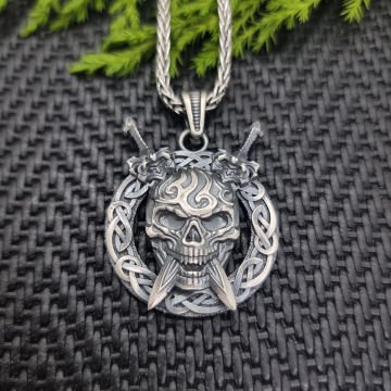 Beelo Silver 925 Ayar Gümüş Kuru Kafa Kılıç Kolye Motorcu Erkek Kolye