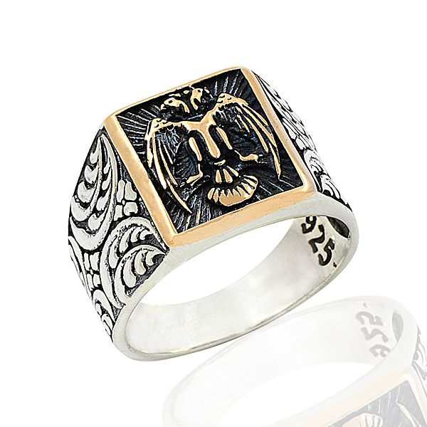 Beelo Silver 925K Gümüş Çift Başlı Kartal Erkek Yüzük BGEY269
