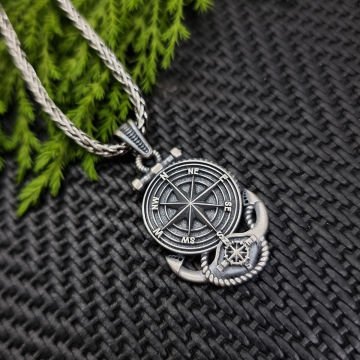 Beelo Silver 925 Ayar Gümüş Pusula Çapa Erkek Kolye
