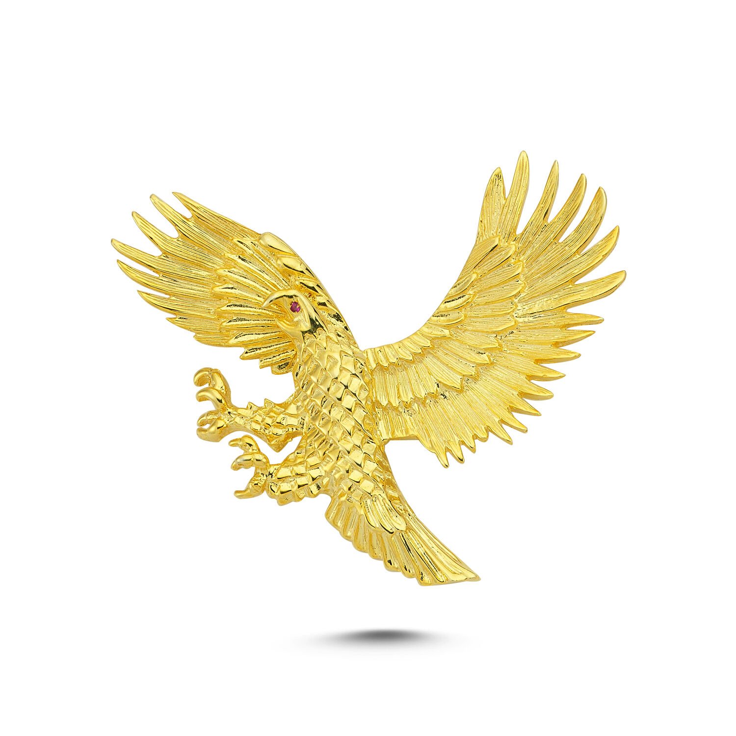 Beelo Gold 14K Altın Kırmızı Gözlü Kanatlarını Açan Kartal Kolye Ucu