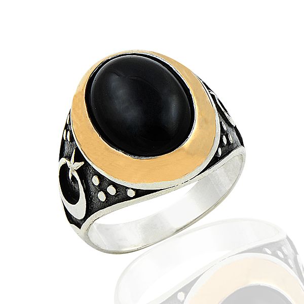 Beelo Silver 925K Gümüş Ayyıldız Oniks Erkek Yüzük BGEY294