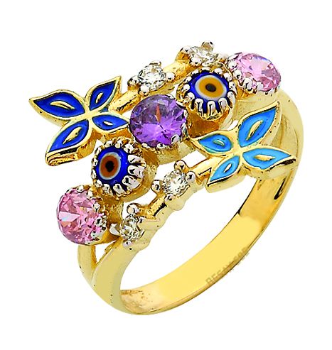 Beelo Gold 14K Altın Renkli Taşlı Nazar Yüzük