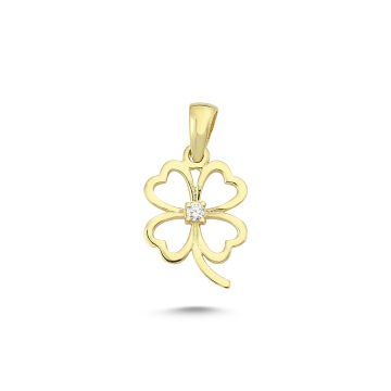 Beelo Gold 14K Altın Minimal Taşlı Kalpli Yonca Kolye Ucu
