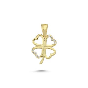 Beelo Gold 14K Altın Taşlı Kalpli Yonca Özel Tasarım Kolye Ucu