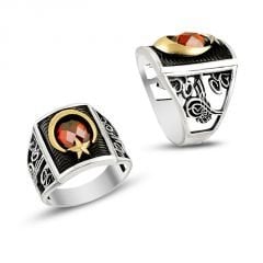 Beelo Silver 925K Gümüş Taşlı Yıldız Hilal Erkek Yüzük