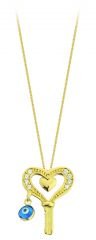 Beelo Gold  14K Altın Nazar Anahtar Kalp Kolye
