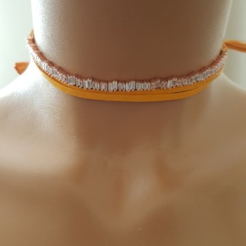 Rodyum 925K Gümüş Sarı Deri Baget Taşlı Choker Kolye