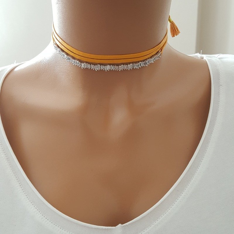 Rodyum 925K Gümüş Sarı Deri Baget Taşlı Choker Kolye
