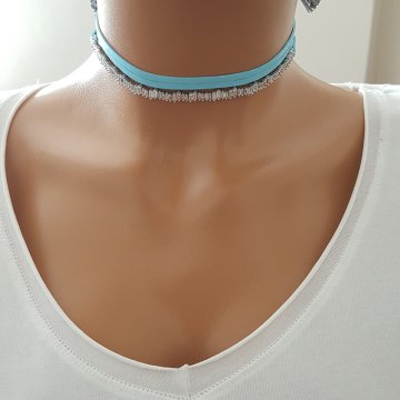 925K Gümüş Mavi Deri Baget Taşlı Choker Kolye