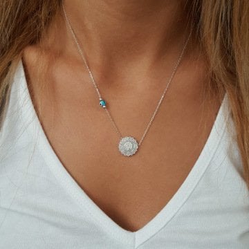 Beelo Silver Gümüş 925K Gümüş Baget Taşlı Nazar Tasarım Kalp Kolye