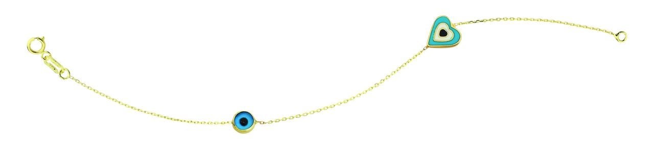 Beelo Gold 14K Altın   Mineli Kalp Nazar  Bileklik