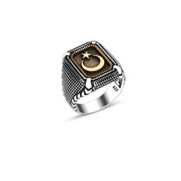 Beelo Silver 925K Gümüş Ay Yıldız Erkek Yüzük