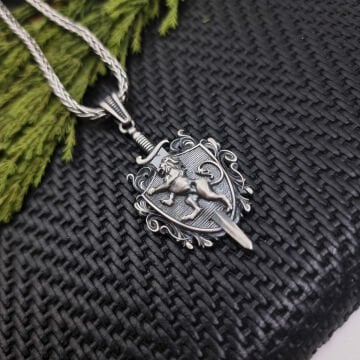 Beelo Silver 925 Ayar Gümüş Aslan Kılıc Erkek Madalyon Kolye