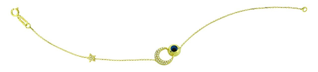 Beelo Gold 14K Altın Ay Yıldız  Mineli  Nazar  Bileklik