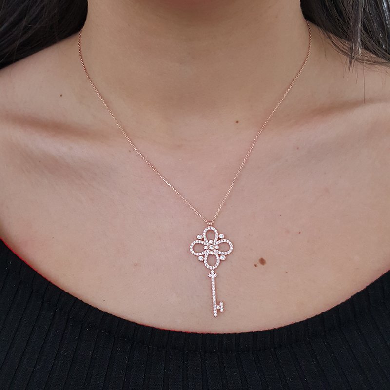 Altın Kaplama 925K Gümüş Taşlı Anahtar  Kolye