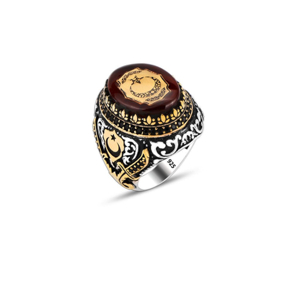 Beelo Silver 925K Gümüş Ay Yıldız Kehribar Erkek Yüzük