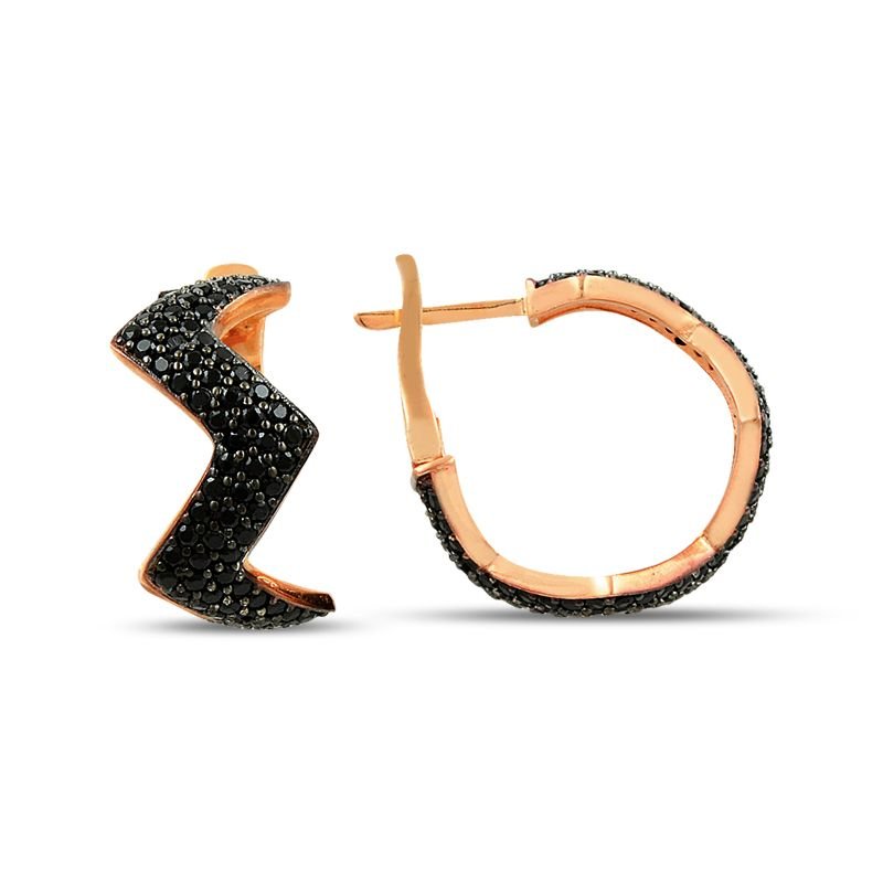 925K Gümüş Tamtur 3 Sıra Zikzak Siyah Taşlı Küpe