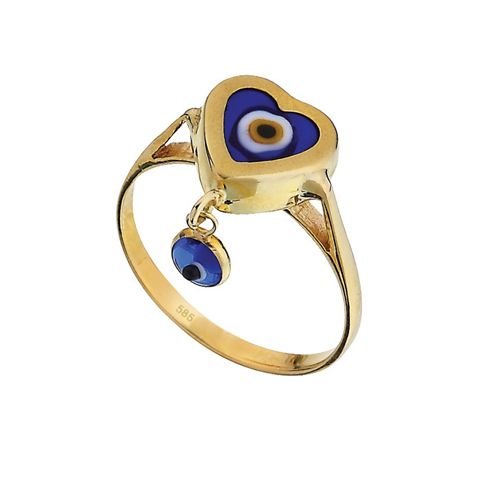 Beelo Gold 14K Altın Nazar Göz Kalp Yüzük YG012