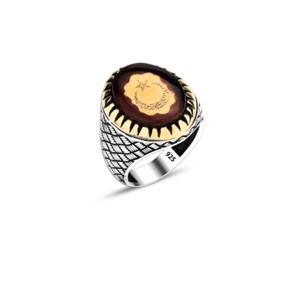 Beelo Silver 925K Gümüş Ay Yıldız Kehribar Erkek Yüzük