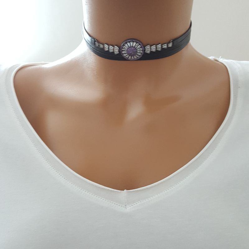 925K Gümüş Deri Baget Çicek Taşlı Choker Kolye