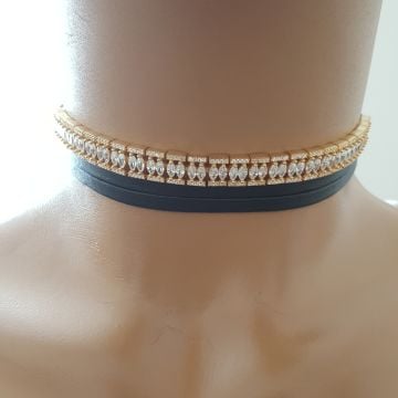 925K Gümüş Altın K. Deri Taşlı Choker Kolye