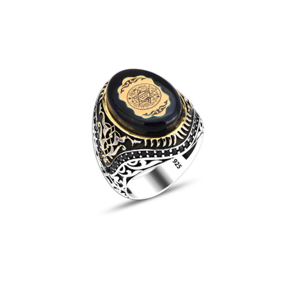 Beelo Silver 925K Gümüş Hz. Süleyman Mührü Motifli Kehribar Erkek Yüzük