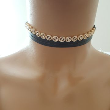 925K Gümüş Deri Baget Taşlı Choker Kolye
