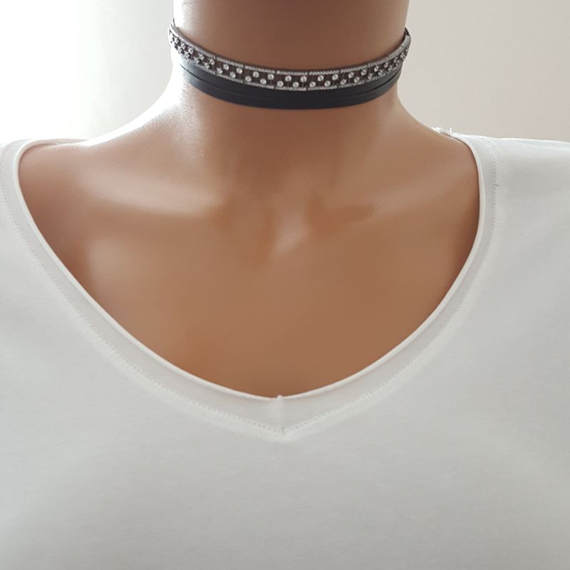 925K Gümüş  Deri  Taşlı Choker Kolye