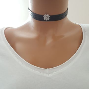 925K Gümüş Deri Baget Taşlı Choker Kolye
