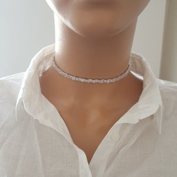 925K Gümüş Deri Baget Taşlı Choker Kolye