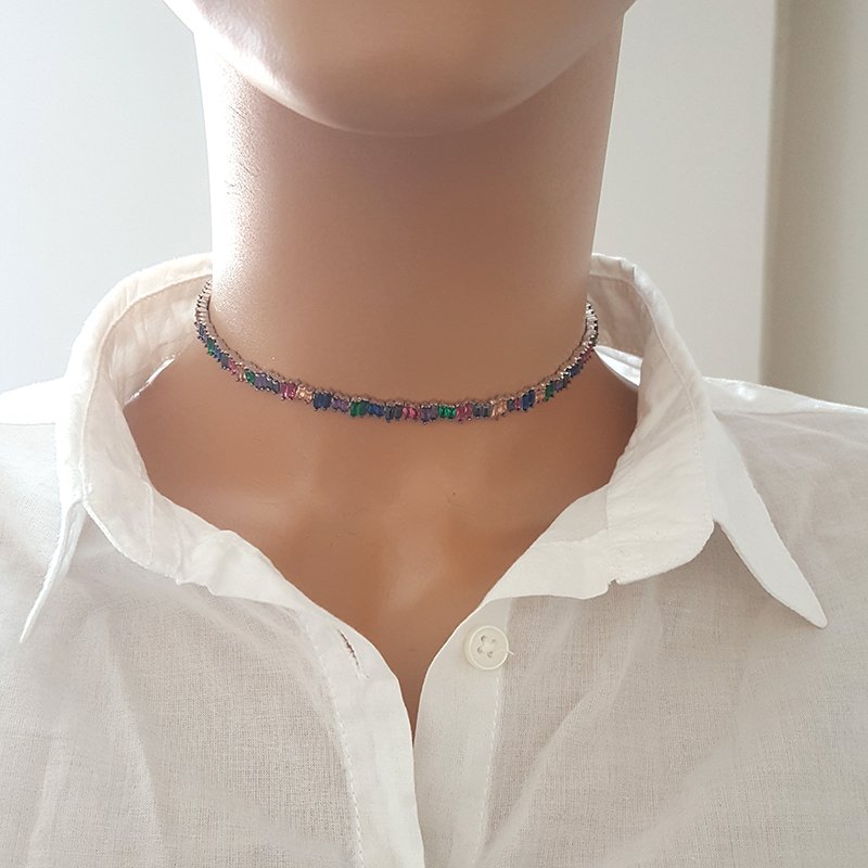 925K Gümüş Deri Baget Taşlı Choker Kolye