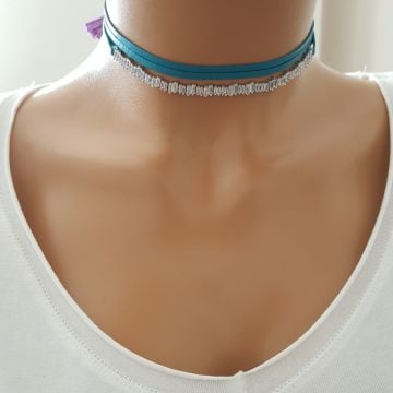 925K Gümüş Turkuaz Deri Baget Taşlı Choker Kolye