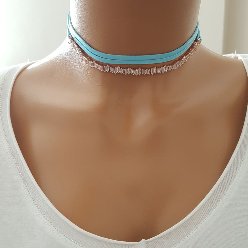 925K Gümüş Mavi Deri Baget Taşlı Choker Kolye