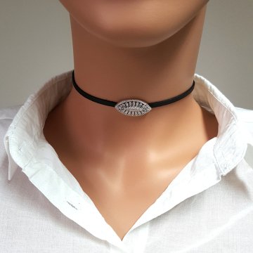 925K Gümüş Deri Baget Taşlı Choker Kolye