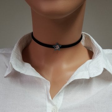 925K Gümüş Deri Yıldız Baget Taşlı Choker Kolye