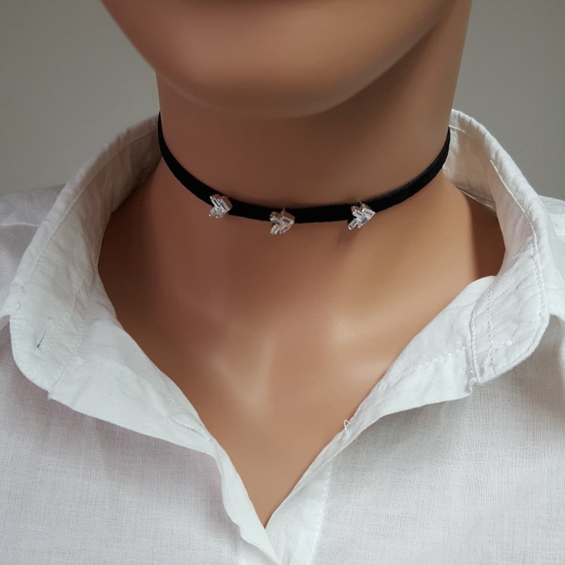 925K Gümüş Deri  Baget Taşlı Choker Kolye