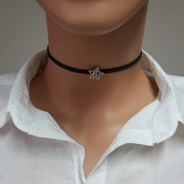 925K Gümüş Deri Yıldız Baget Taşlı Choker Kolye