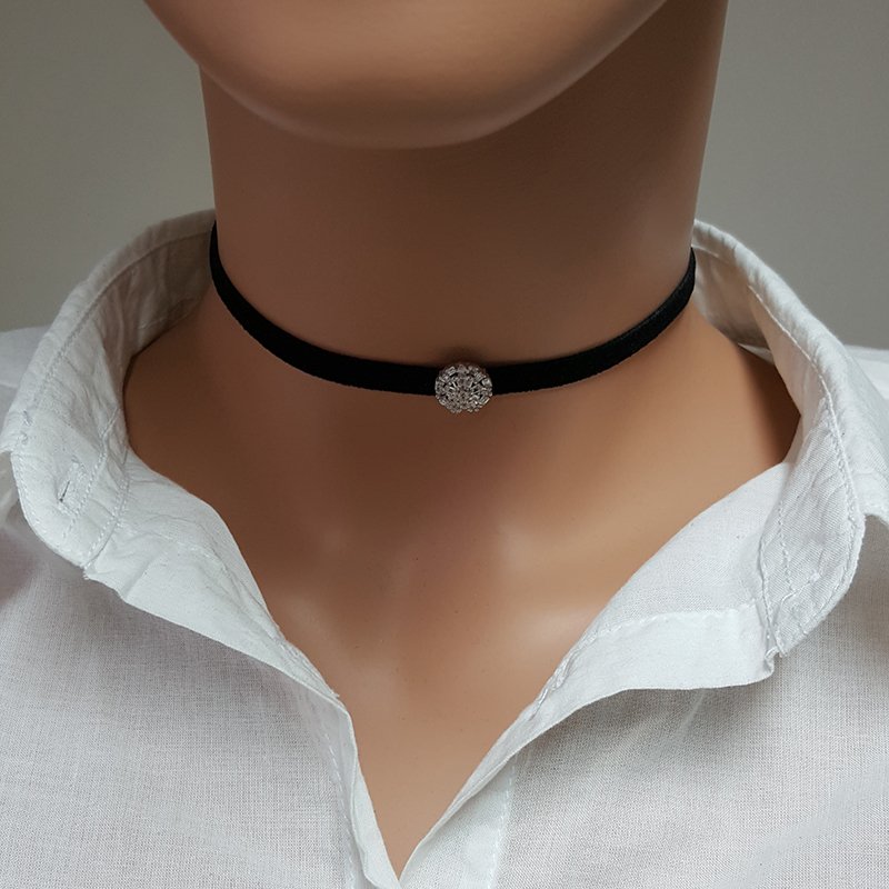925K Gümüş Deri  Baget Taşlı Choker Kolye