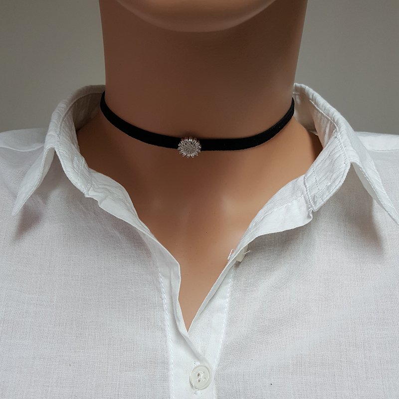925K Gümüş Deri  Baget Taşlı Choker Kolye