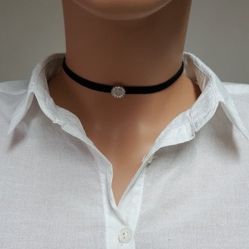 925K Gümüş Deri  Baget Taşlı Choker Kolye