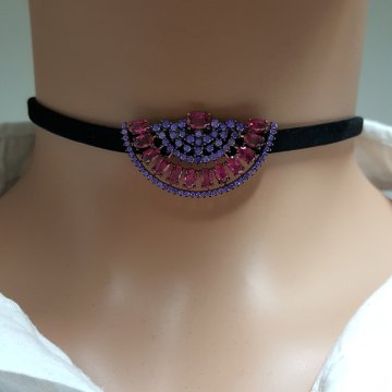 925K Gümüş Deri Baget Taşlı Choker Kolye