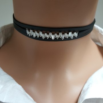 925K Gümüş Deri Tasarım  Baget Taşlı Choker Kolye