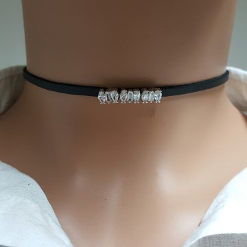 925K Gümüş Deri Baget Taşlı Choker Kolye