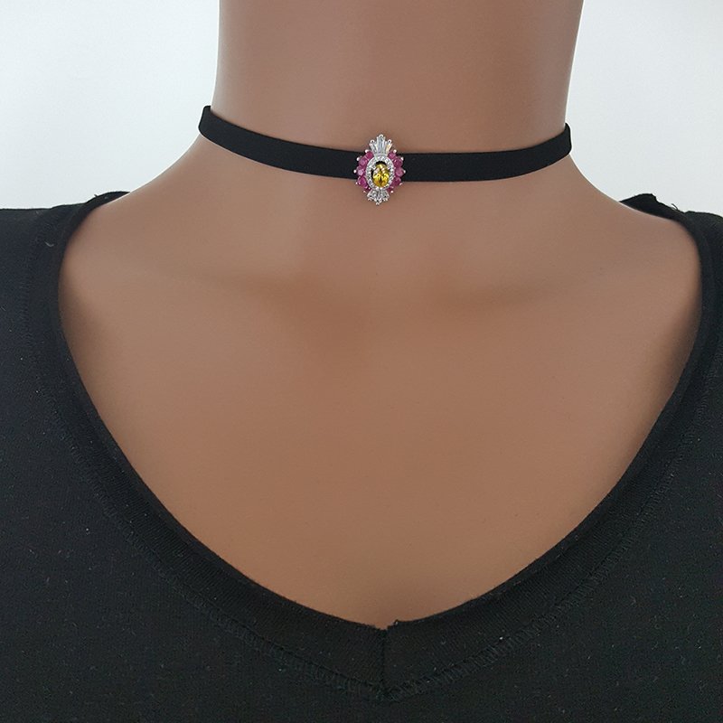 925K Gümüş Deri Baget Taşlı Choker Kolye