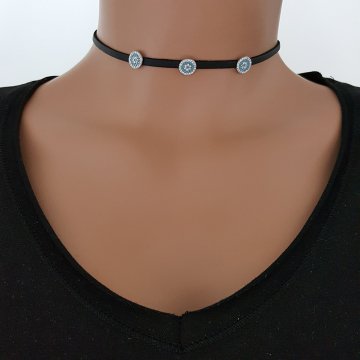 925K Gümüş Deri Nazar Boncuklu Taşlı Choker Kolye