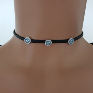 925K Gümüş Deri Nazar Boncuklu Taşlı Choker Kolye