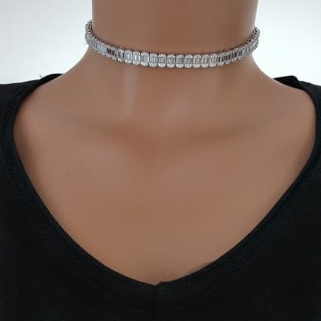 925K Gümüş  Baget Taşlı Choker Kolye