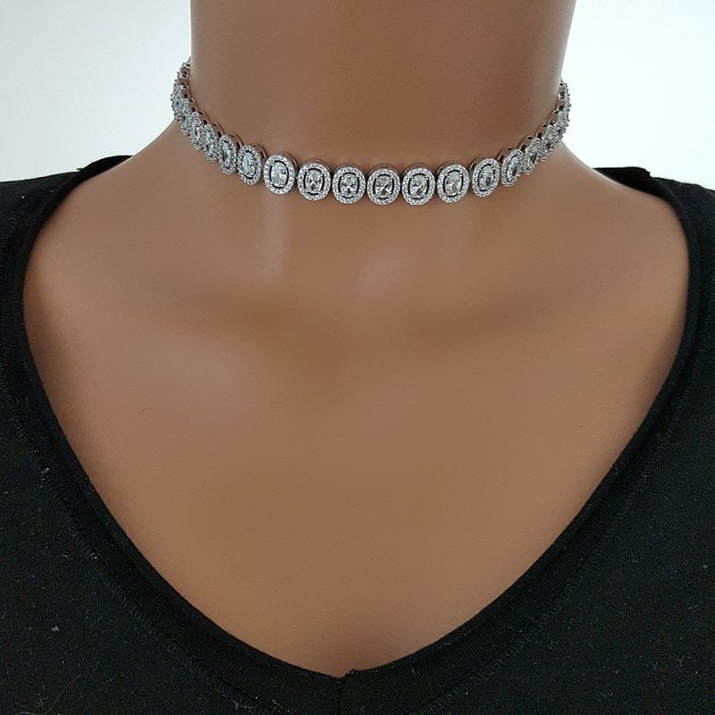 925K Gümüş  Yuvarlak Zirkon Taşlı Choker Kolye